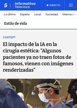 Informativos Telecinco: «El impacto de la IA en la cirugía estética: algunos pacientes ya no traen fotos de famosos, vienen con imágenes renderizadas», entrevista al Dr. Gustavo Sordo